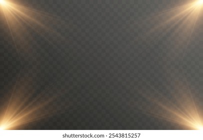 Luz solar vetorial com brilho. Png flash dourado. Raios solares png. Reflexo do sol, amanhecer, efeito de luz.