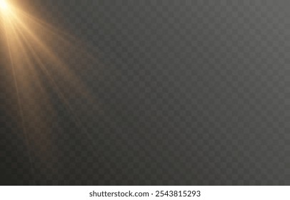 Luz solar vetorial com brilho. Png flash dourado. Raios solares png. Reflexo do sol, amanhecer, efeito de luz.