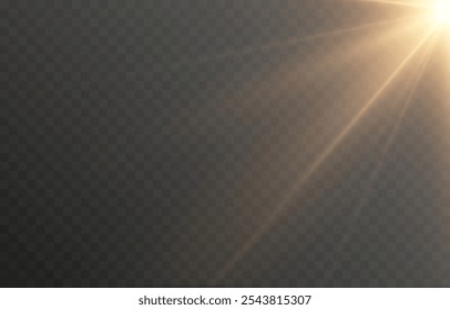 Luz solar vetorial com brilho. Png flash dourado. Raios solares png. Reflexo do sol, amanhecer, efeito de luz.