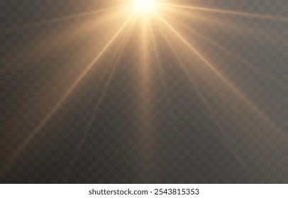 Luz solar vetorial com brilho. Png flash dourado. Raios solares png. Reflexo do sol, amanhecer, efeito de luz.