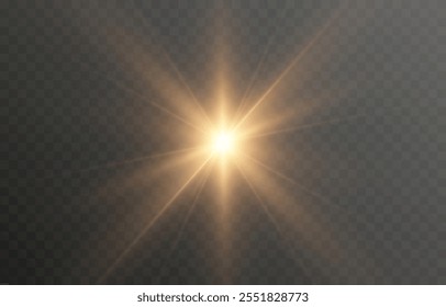 Luz solar vetorial com brilho. Png flash dourado. Raios solares png. Reflexo do sol, amanhecer, efeito de luz.