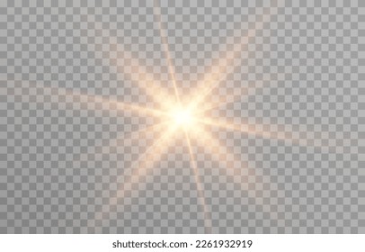 Vector sun light. Golden flash png. Sun rays png. Dawn, light effect. Flash of light on a transparent background.