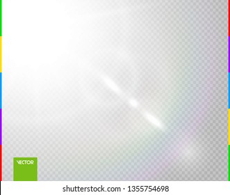 Vector sun light rays special effect. Glow transparent sunlight lens flare. Isolated flash spotlight. White front translucent background. Blur abstract decor element. Corner glowing light