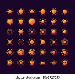 Vector sun logo set collorful gradient style isolated on background for natural energy symbol, travel logotype, solar logo, tag, stamp, t shirt, banner, emblem. Sun icon. Vector 10 eps