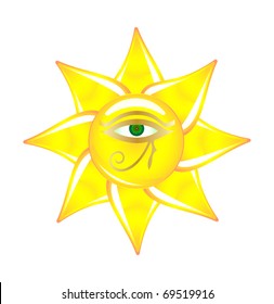 Vector sun is made in glass style with Egyptian eye