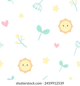 vector sun minimal seamless pattern features adorable motifs of tulips, carrots, and sprigs in soft pastel colors, perfect for fabric, nursery decor for textile, fabric, wallpaper, wrapping on white