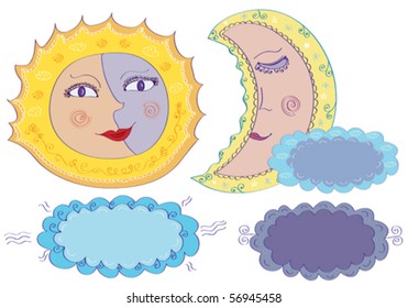 Vector sun, moon and clouds in cartoon style