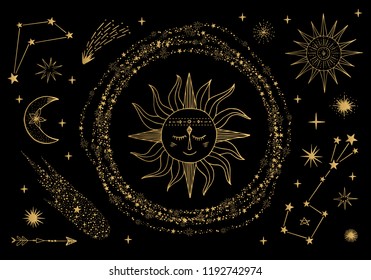 Vector Sun, Moon, Comet, Zodiac Sign. Golden Sky Illustration. Tattoo Design.