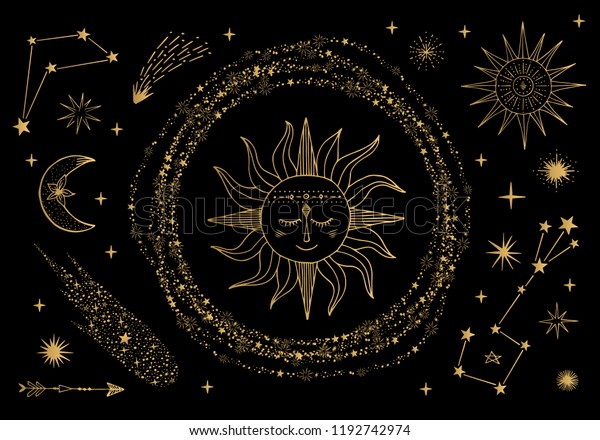 ベクター太陽 月 彗星 干支 金色の空のイラスト タトゥーのデザイン のベクター画像素材 ロイヤリティフリー