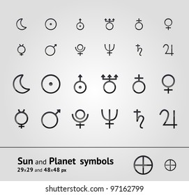 Vector Sun, Moon, Planet icons (symbols 29x29, 48x48 px) on the white background