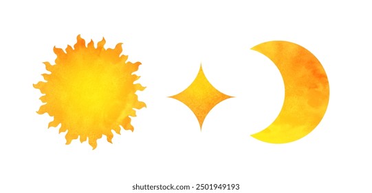 Vector Sun Moon  and star set. Shapes silhouettes of star, Moon, sun with watercolor texture, isolated on white background.