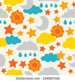 Vector, sun, moon, stars and clouds. seamless pattern background