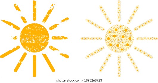 Vector sun mosaic is composed from scattered itself sun icons. Textured sun icon. Fractal mosaic from sun.