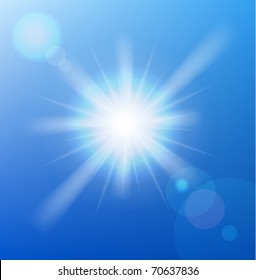 Vector sun on blue sky with lenses flare.