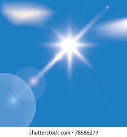 Vector sun on blue sky with lenses flare