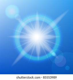 Vector sun on blue sky with lenses flare.