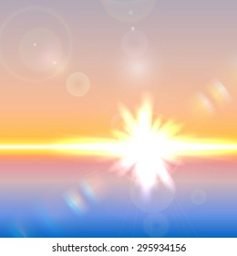 Vector sun over horizon with lens flares and refraction