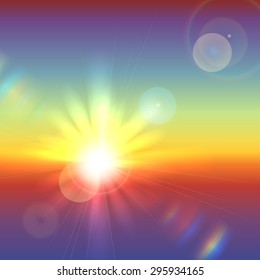 Vector sun over horizon with lens flares and refraction
