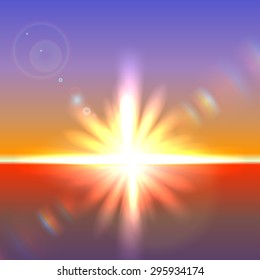 Vector sun over horizon with lens flares and refraction