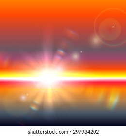 Vector sun over horizon with lens flares and refraction