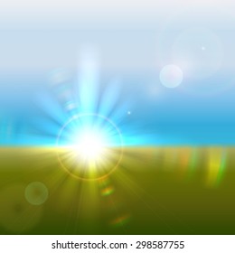 Vector sun over horizon with lens flares and refraction