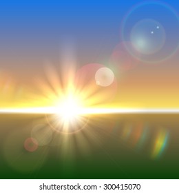 Vector sun over horizon with lens flares and refraction