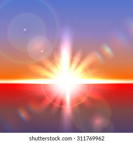 Vector sun over horizon with lens flares and refraction