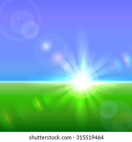 Vector sun over horizon with lens flares and refraction