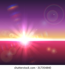 Vector sun over horizon with lens flares and refraction