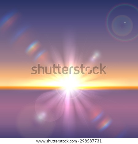 Vector sun over horizon with lens flares and refraction