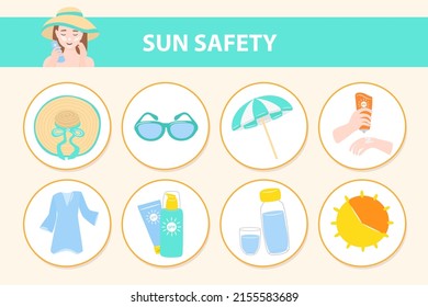 Protección del sol vectorial e iconos de la piel de seguridad. Sombrero, crema, agua, gafas de sol, parasol. El concepto de belleza y salud. Ilustración vectorial aislada en fondo blanco.