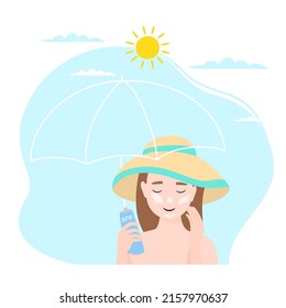 Vector Sun Protection And Safety Skin. Woman Applying Sunscreen To Her Face. The Concept Of Beauty And Health. Vector Illustration Isolated On White Background.