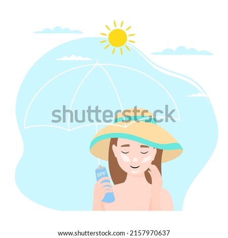 Vector sun protection and safety skin. Woman applying sunscreen to her face. The concept of beauty and health. Vector illustration isolated on white background.