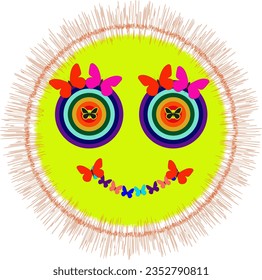 Sol vectorial con ojos de arcoiris y sonrisa de mariposas - sol de carácter con ojos de mariposa y arco iris