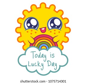 Vector sun with rainbow in kawaii style. Vector illustration of a kawaii sun with rainbow and cloud.