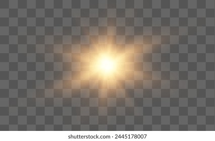 Vector sun with rays and glow on transparent like background. Includes clipping mask. Vector yellow sun with light effects. Sun rays