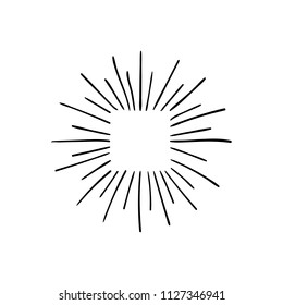 Vector Sun Rays Linear Drawing, Retro Style Illustration, Black Lines Isolated on White Background, Vintage Design Element, Square Frame.