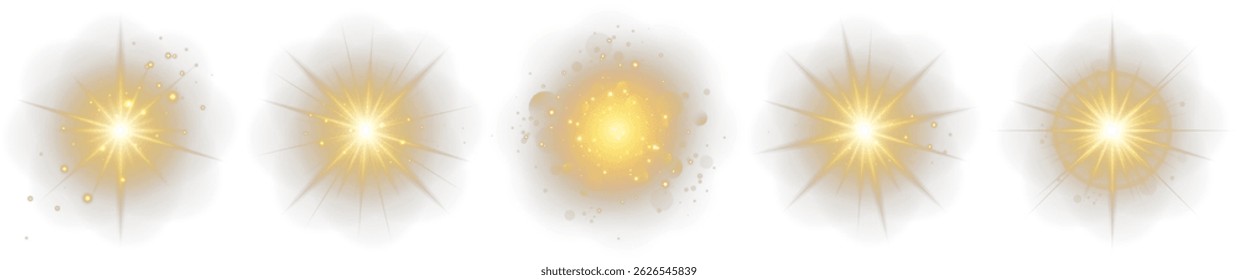 Vector sun with rays shines on a clear background. Lens flare sparkles subtly with natural glow accents. Sunlight glare overlays suit photo and UI edits. Golden light radiates gently in circular form