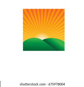 vector Sun rising behind green hill
