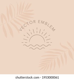Vector sun and sea emblem design template on palm leaf background