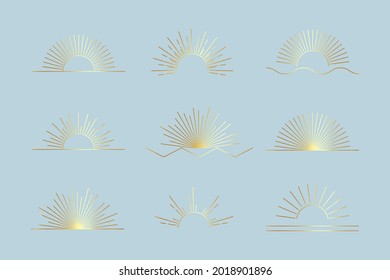 Vector Sun set of linear boho icons and symbols, gold sun logo design templates, abstract design elements for decoration in modern minimalist style for social media posts, stories, artisan jewellery