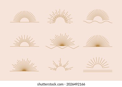 Vector Sun set of linear boho icons and symbols, gold sun logo design templates, abstract design elements for decoration in modern minimalist style for social media posts, stories, artisan jewellery