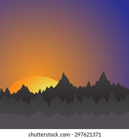 Vector The Sun Sets Behind The Mountains. Mountain Landscape. Sun Rises from Behind Mountains. 