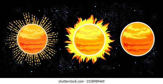 Vector sun shapes. Set of astronomical illustrations. Fiery colors of a round shape. Orange red yellow circle, flaming crown frame. Star in space.