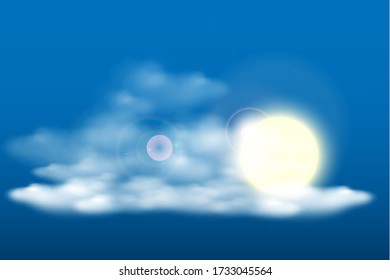 Vector the sun shines in the blue sky with white clouds background