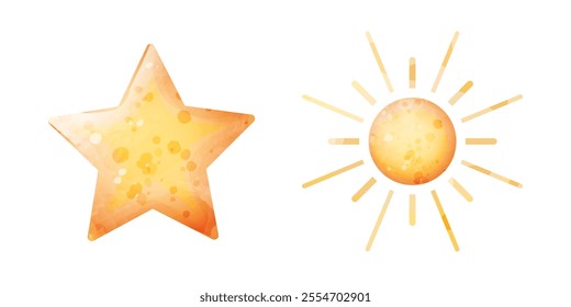 Vector sun and star.  Watercolor stylized cute illustration of celestial bodies