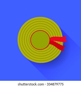 Vector Sun Straw Hat Isolated on Blue Background. Top View. Long Shadow. Summer Woman Headdress