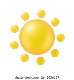 Vector sun summer object. Glossy yellow sun sphere ball icon with circle sunbeam in realistic 3d render soft style isolated on white for weather mobile UI app, web design button, sale banner or poster