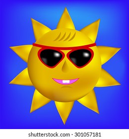 Vector Sun with Sunglasses Icon Isolated on Blue Sky Background