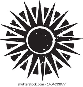 Vector sun symbol in engraving technique. Ethnic style illustration. Occultism, medieval religion, retro, spirituality and esoteric tattoo. Astrology map. 